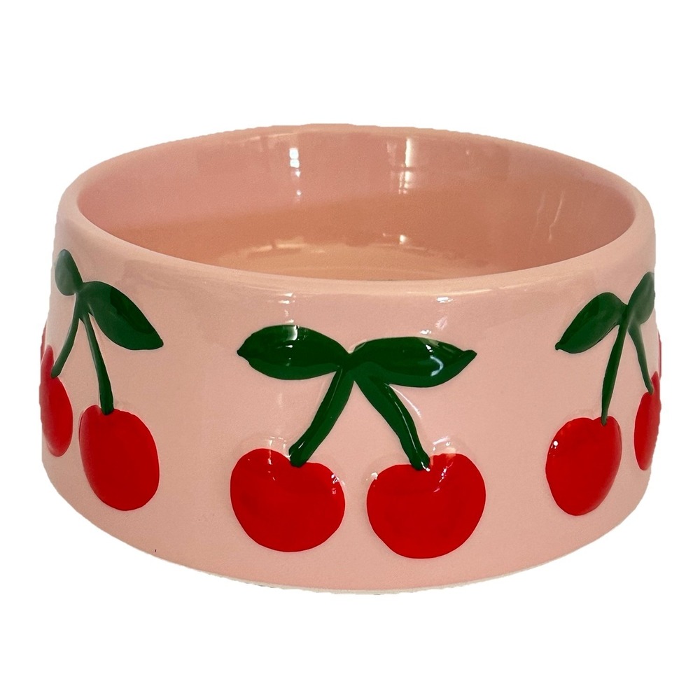 Pink Cherry Pet Bowl Ceramic Dog Cat Dish Rockybear Pet Kawaii Microwave Safe